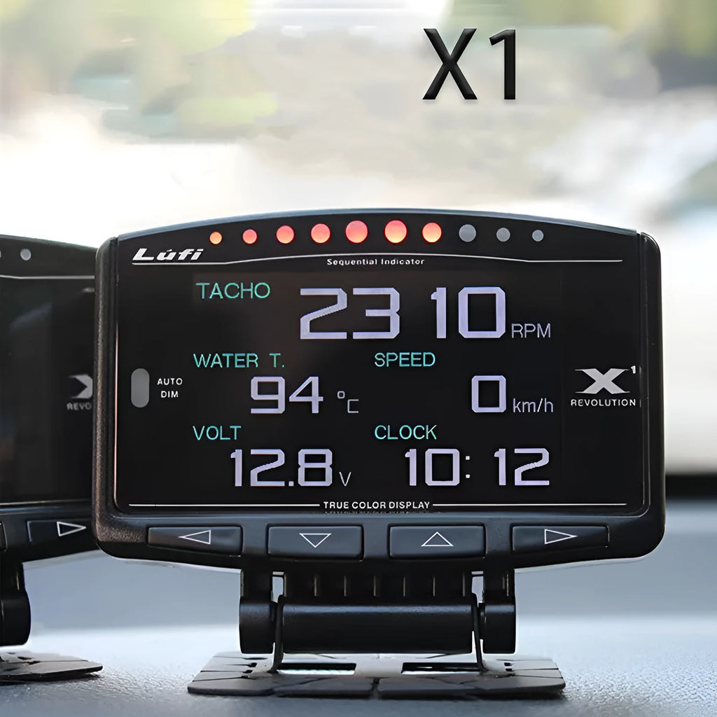 X1 Automotive OBD diagnostic instrument with LED display on metal housing.