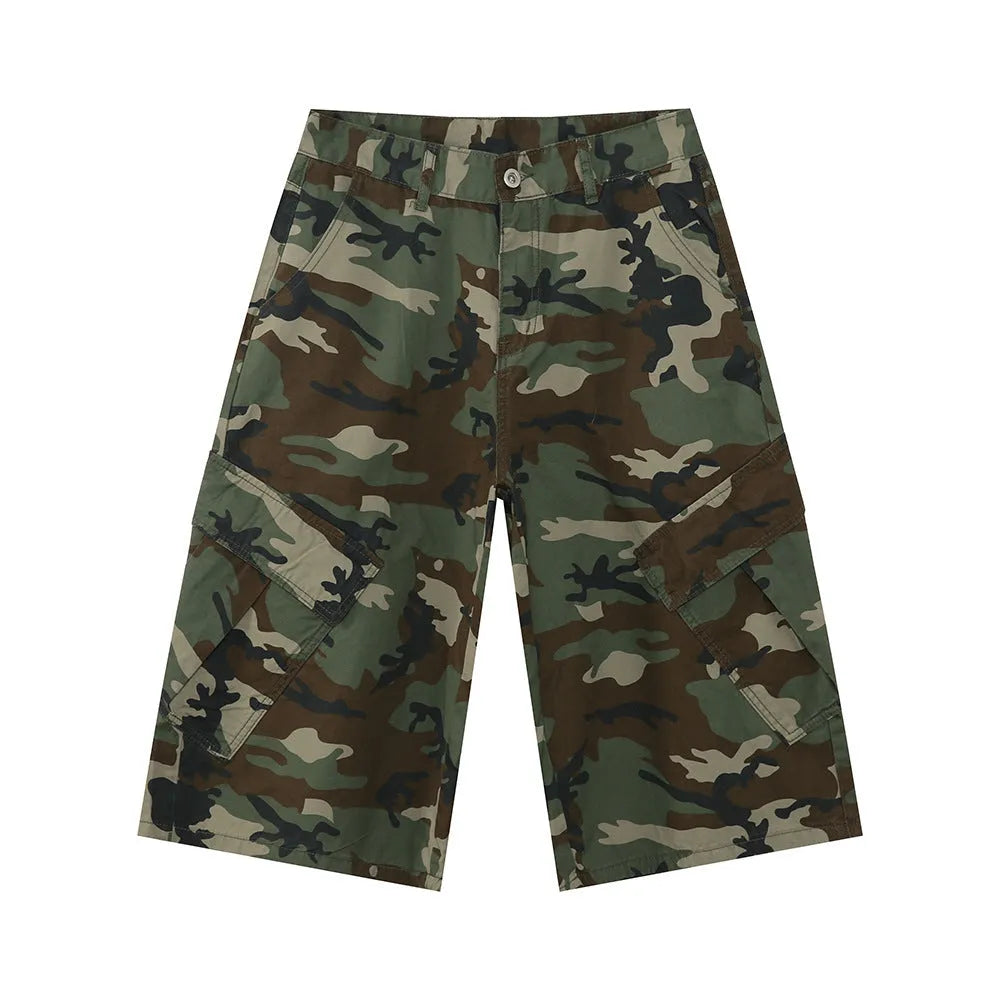 Men's camouflage coloured wide-leg cropped jeans with large side pockets.