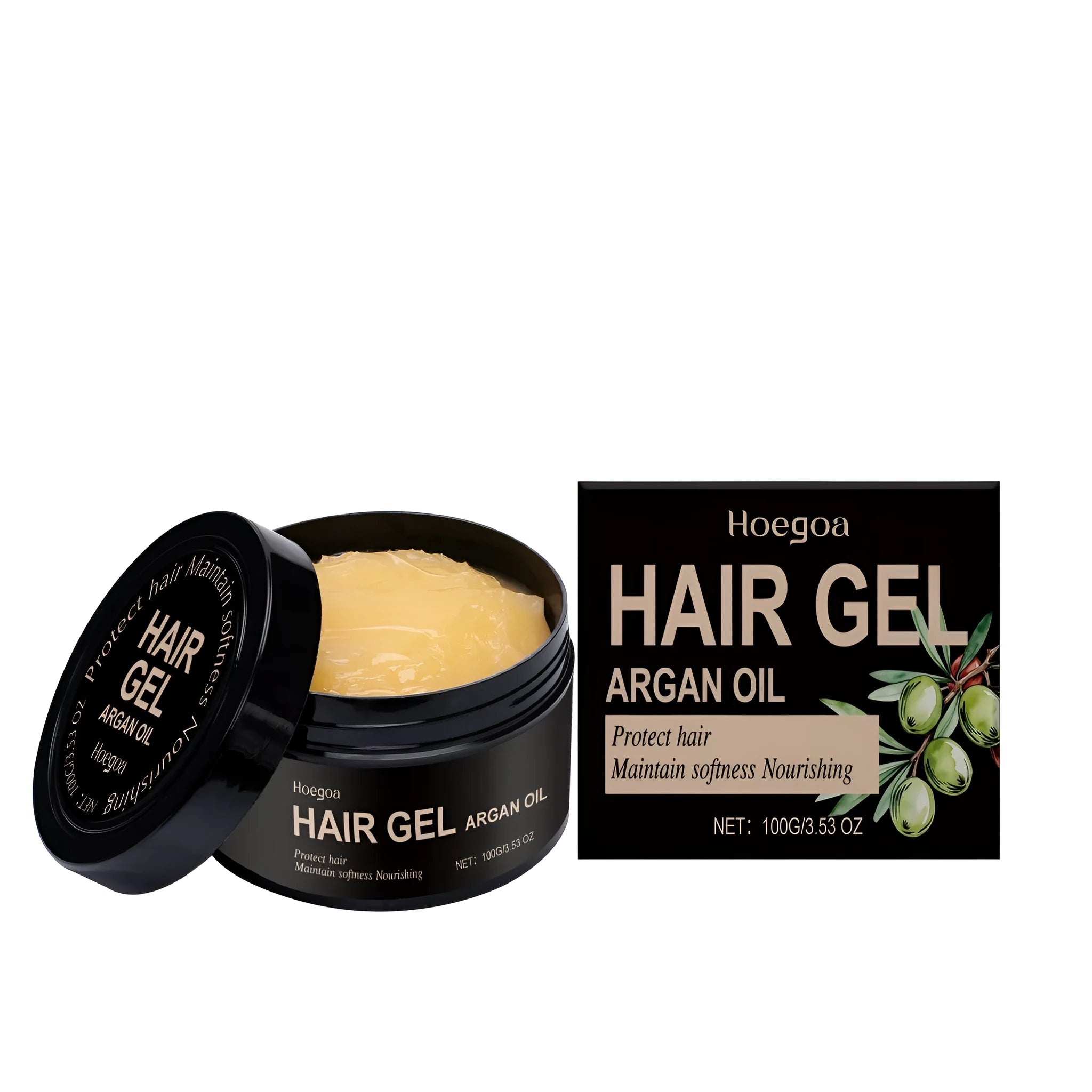 100 ml bottle of Moroccan nut oil hair styling gel with vitamin E and hyaluronic acid.