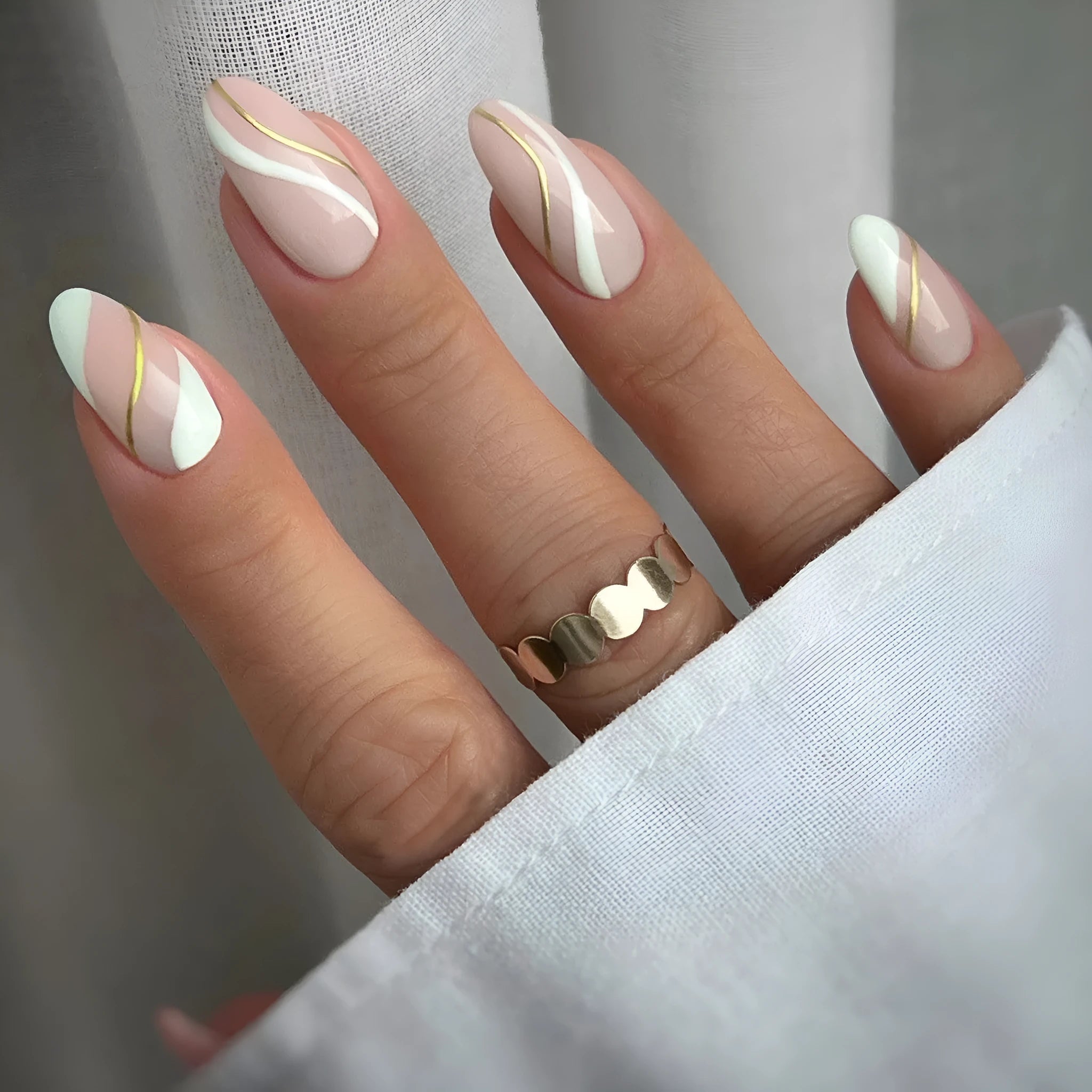 Golden lines plaid pattern wearable nail stickers in JF0518 jelly glue colour with medium drop shape design