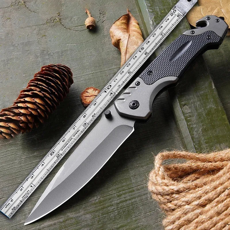 Outdoor folding knife with alloy blade showing textured handle option and folded position