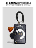 Cartoon little black cat design plastic card holder with ferrule pendant attached.