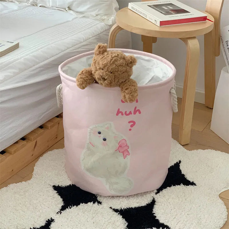Foldable cotton cloth laundry basket with bear print design for bedroom storage