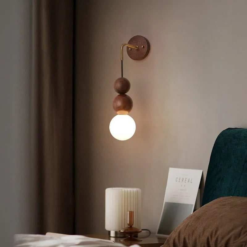 Wood and copper wall lamp with circular shade for living room or bedroom lighting
