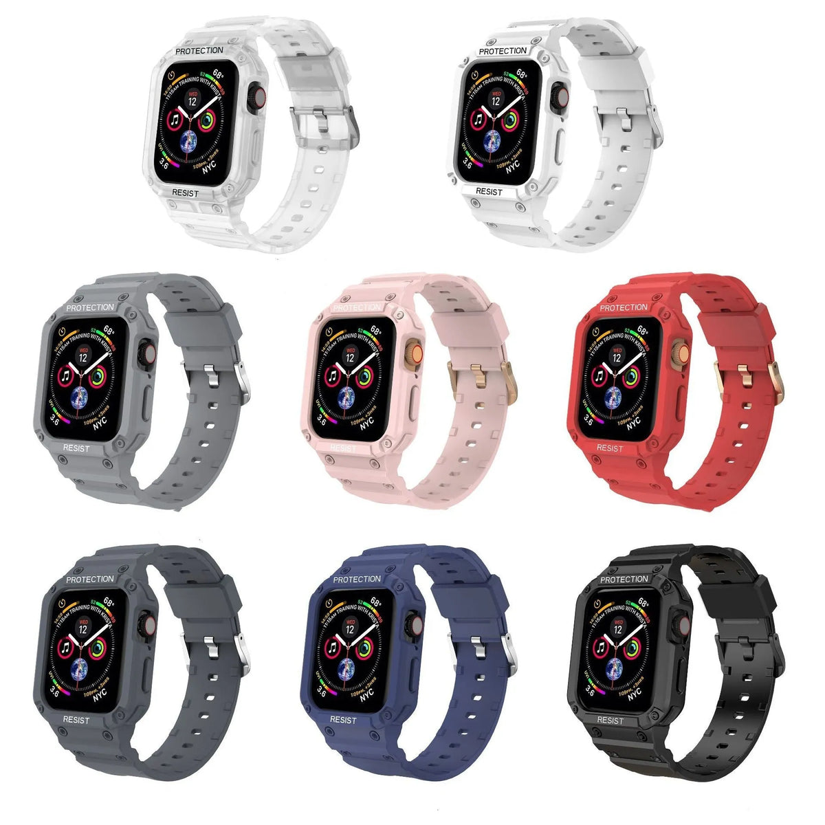 Soft TPU replacement watch strap for Apple Watch in multiple colours showing 38mm and 42mm size options