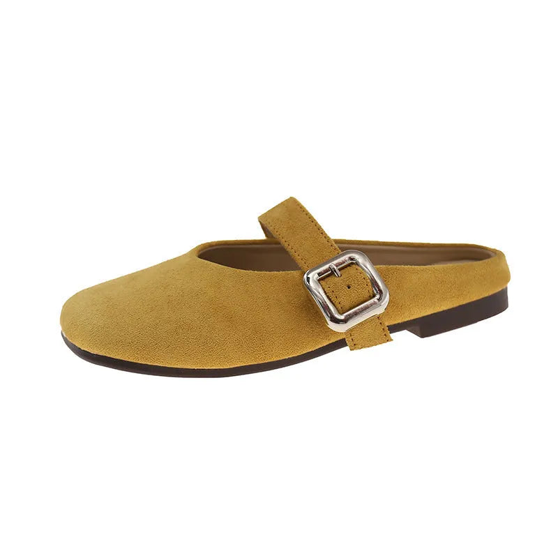 Women's flat closed toe half slippers in apricot colour with square toe and rubber sole