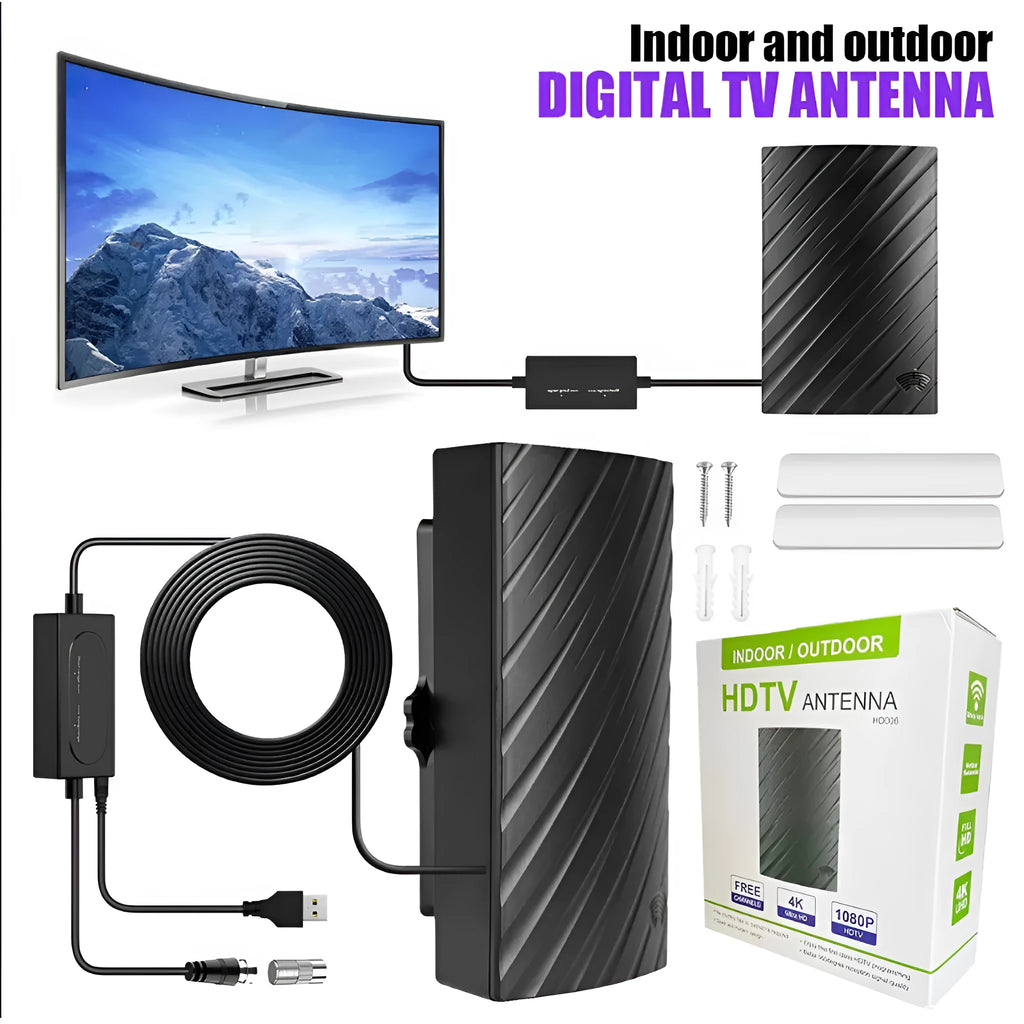 Black plastic HD digital television antenna with mounting screws and adhesive tape.