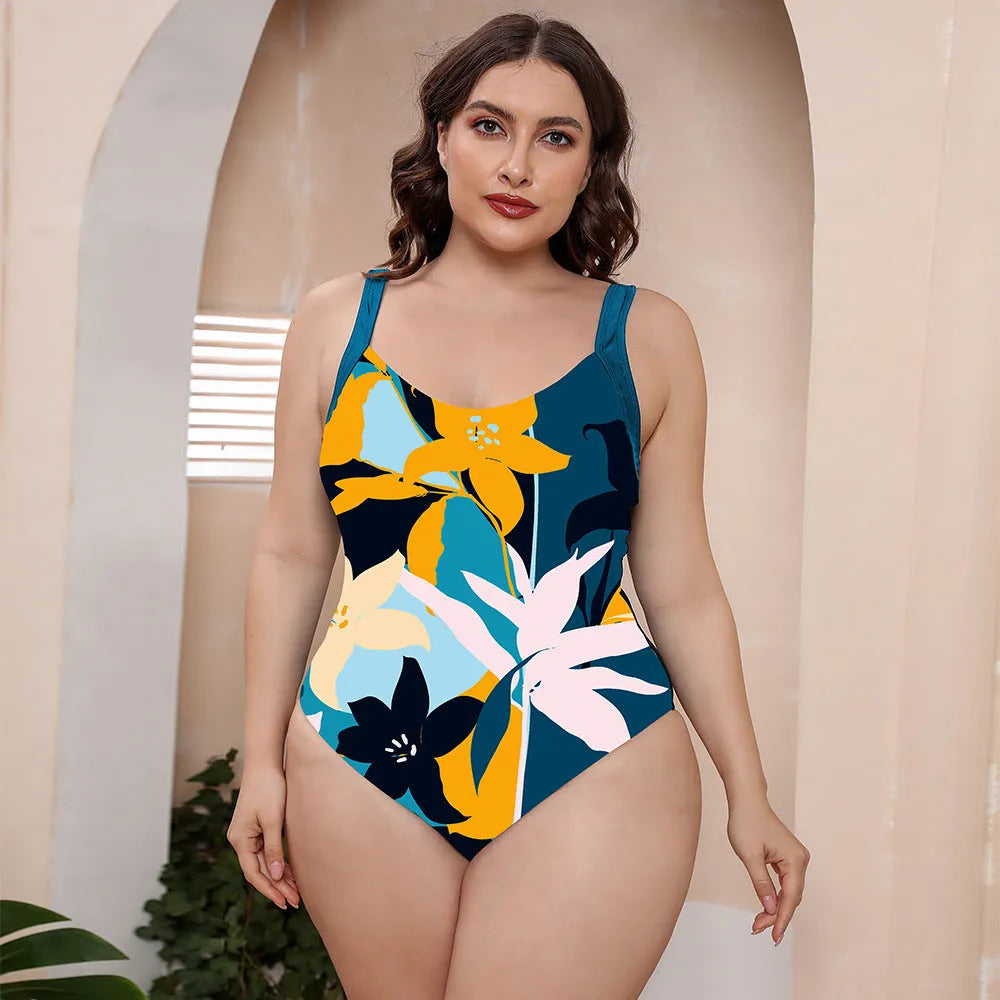 Conservative one-piece floral print swimsuit with vest design and spaghetti straps