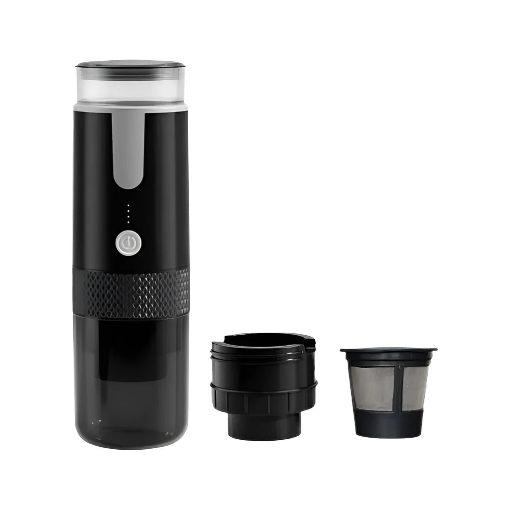 Black portable coffee machine for vehicles and outdoor use with K-cup capsule compatibility