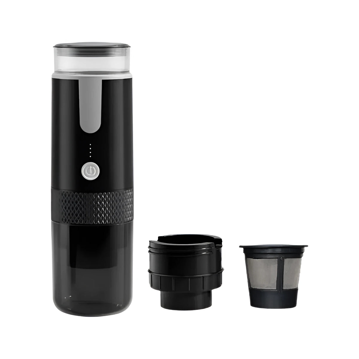 Black portable coffee machine for vehicles and outdoor use with K-cup capsule compatibility