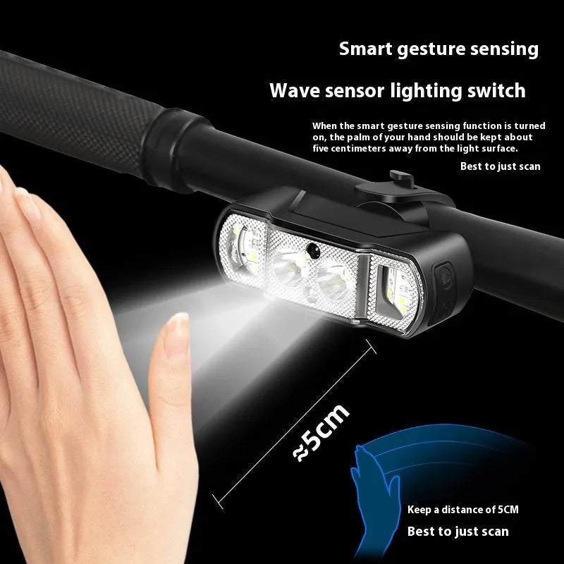Black bicycle headlight with 350 lumen XPG-LED and rechargeable battery mounted on handlebars