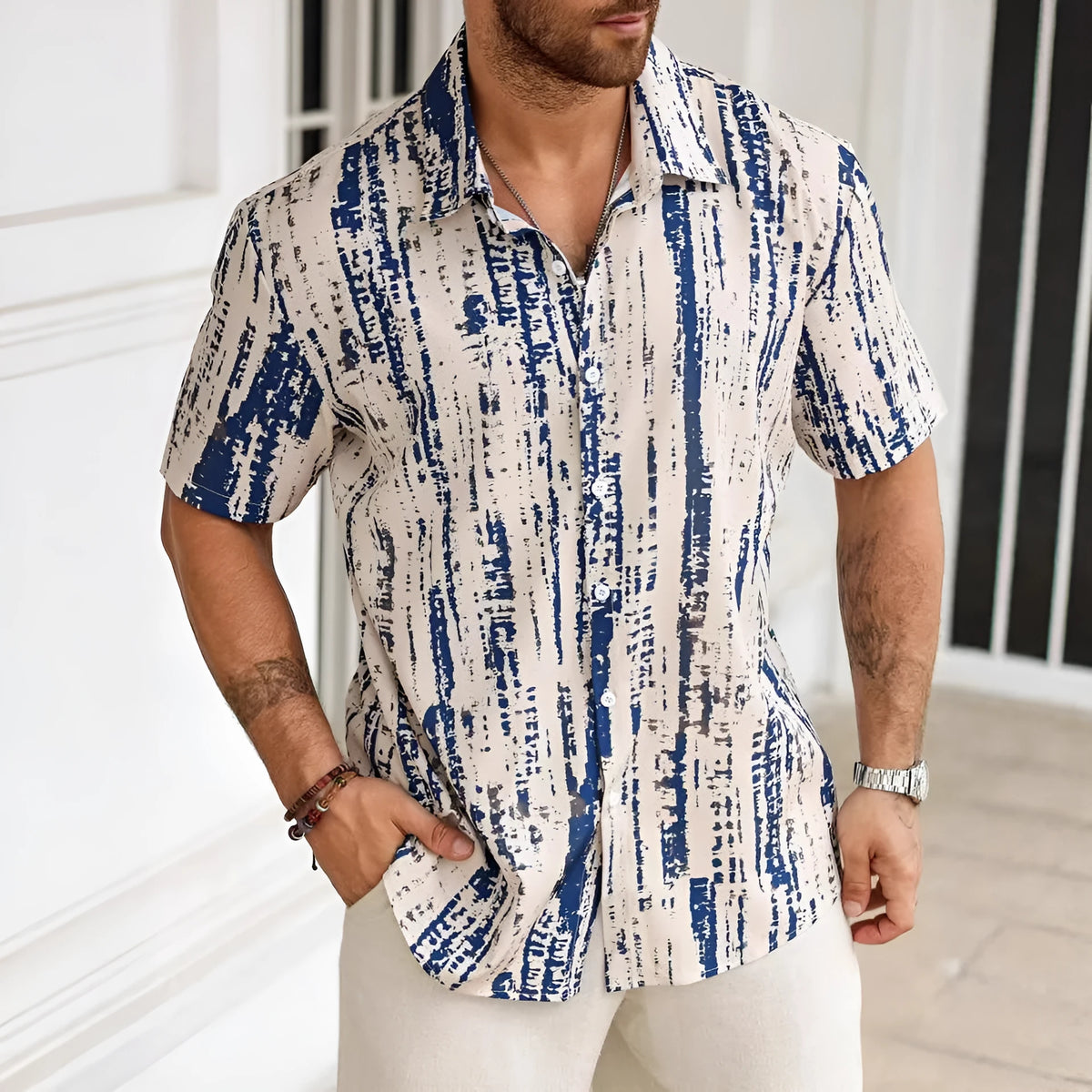 Men's striped short sleeve casual shirt with 3D printed pattern in polyester fabric