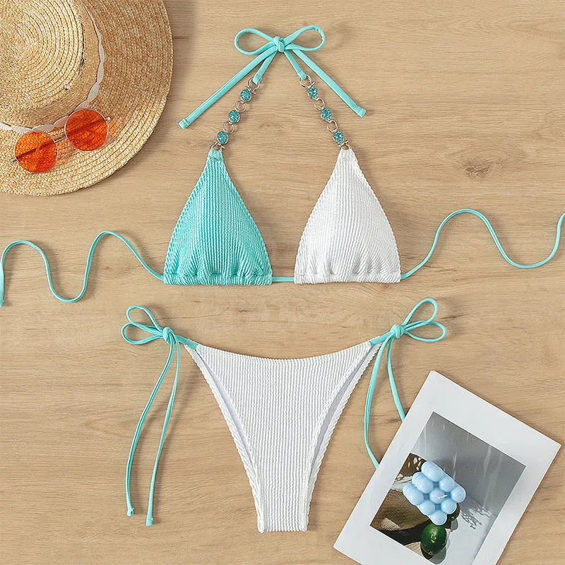 Women's colour matching swimsuit with lace-up front and pearl chain decoration