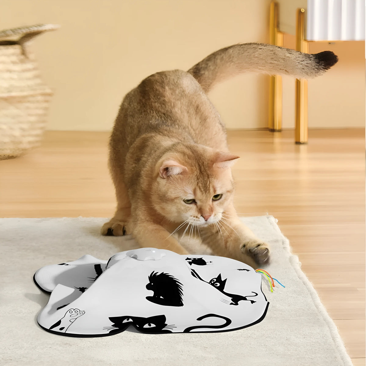 Plastic cat self-grooming relief toy with teaser design measuring 19.8 by 11.5 by 19.5 centimetres