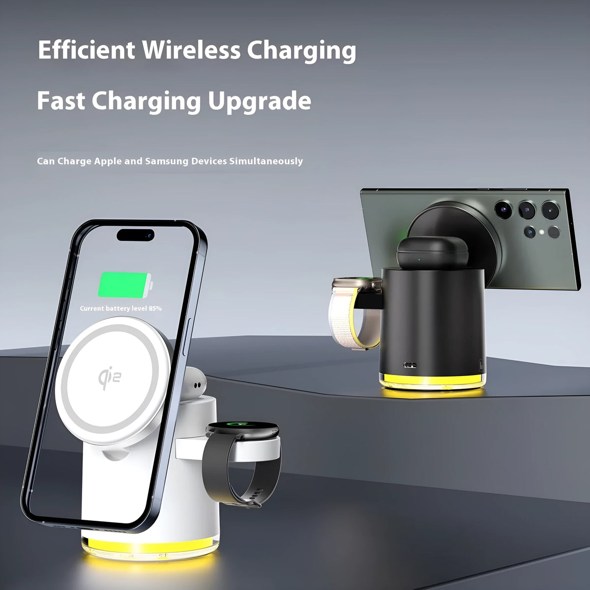 Magnetic three-in-one wireless folding charger in ivory white showing phone, watch and earphone charging simultaneously