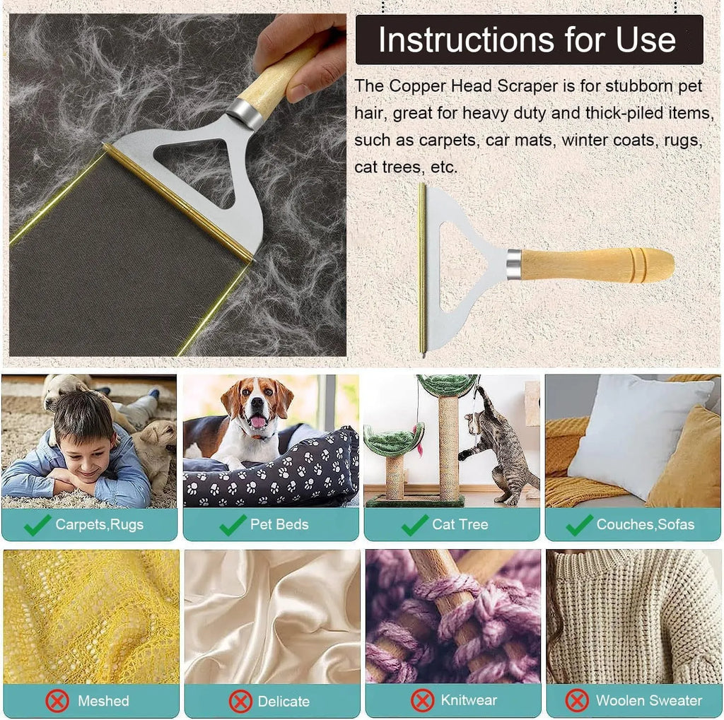 Three reusable pet hair removal tools: a metal lint shaver, a silicone brush, and a round scraper for sofas and cars.