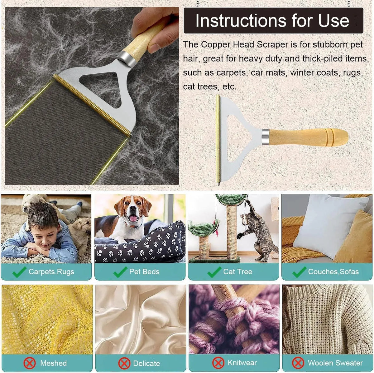 Three reusable pet hair removal tools: a metal lint shaver, a silicone brush, and a round scraper for sofas and cars.