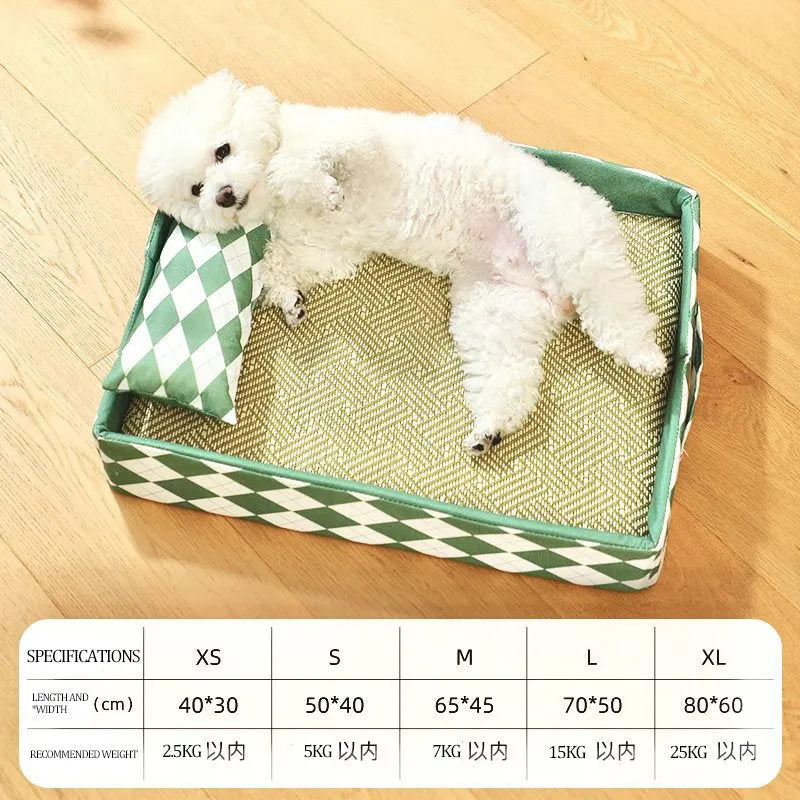 Blue woven rattan cat cooling mat with anti-slip backing placed on a wooden floor.