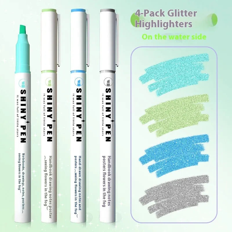 Four glitter fluorescent highlighter pens with slanted tips shown in a set.