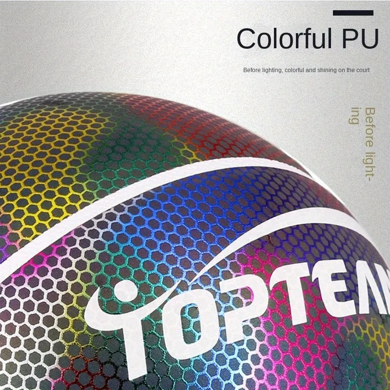 Size 7 holographic reflective basketball in chroma colour on a dark background.