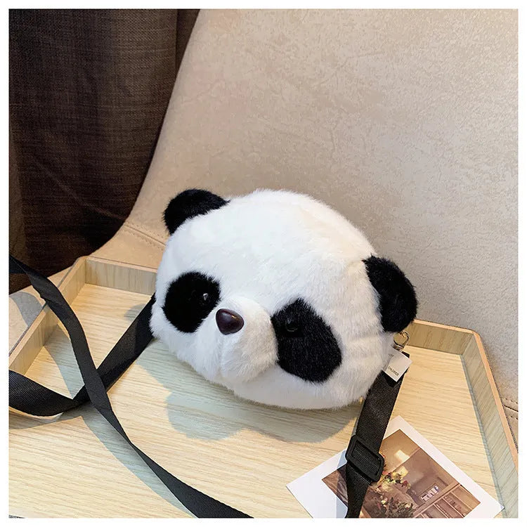 Plush crossbody shoulder bag with panda design, cylindrical shape measuring 18x15cm