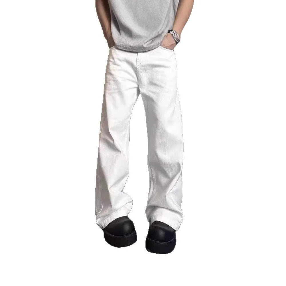 Men's white straight leg jeans with wide leg opening and front zip fly