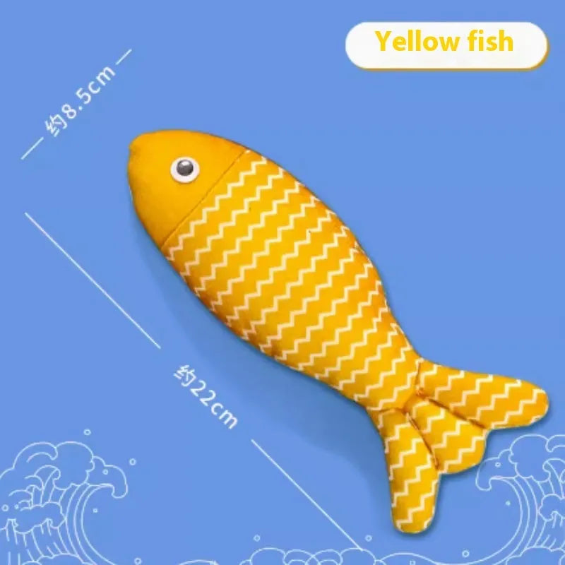 Blue, red, and yellow fish-shaped cat toys in large and medium sizes on a white background.