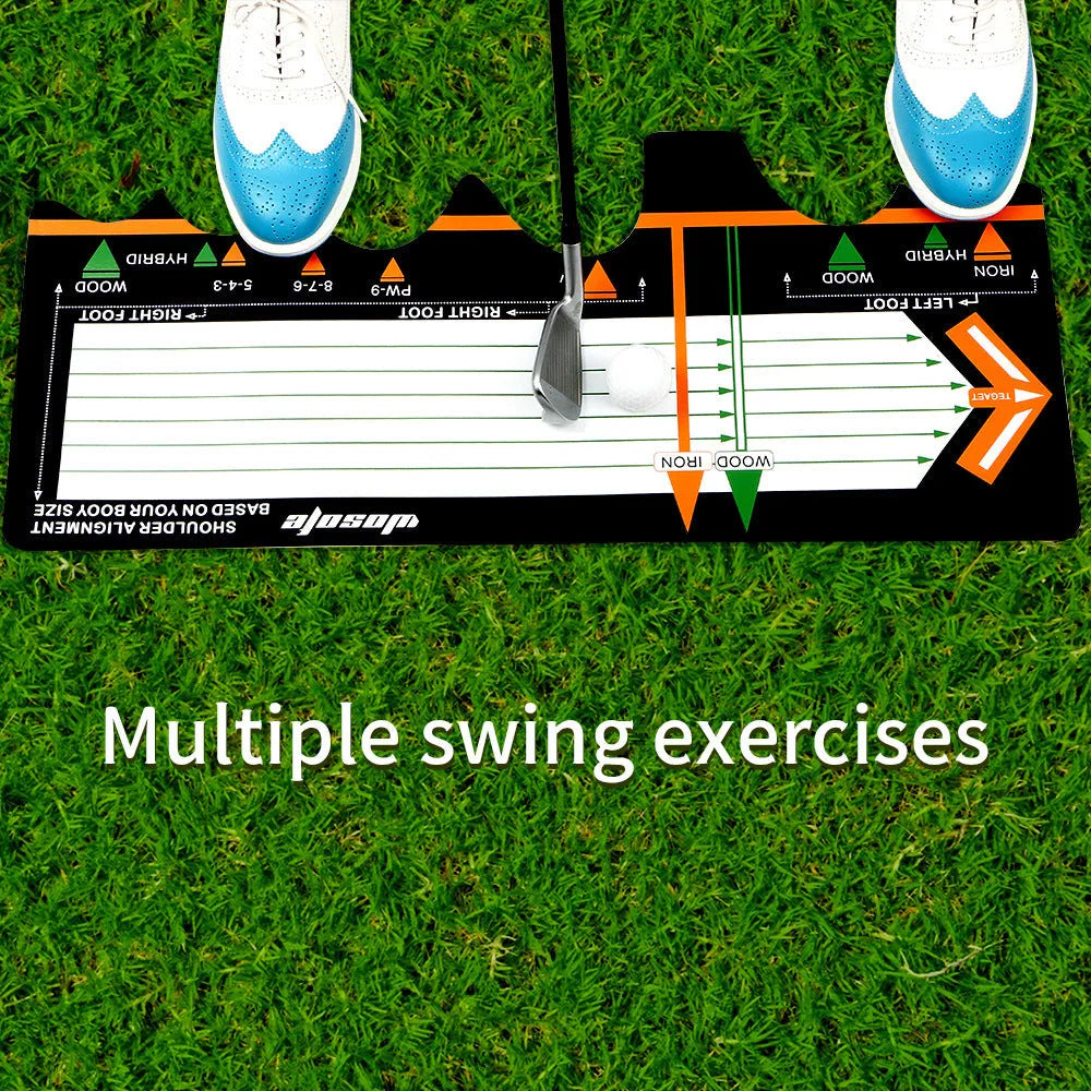 Black rectangular neoprene golf swing stance posture training pad on a green surface.