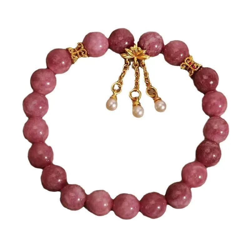 Pink lotus tassel natural stone bracelet with pearl pendant and electroplated finish