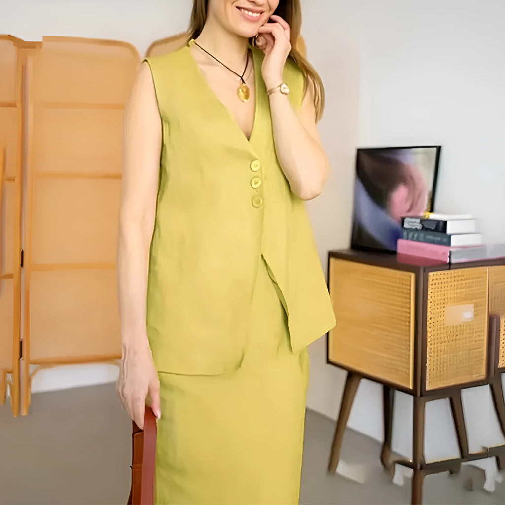 A woman's casual two-piece suit with a sleeveless loose vest and a long matching skirt.