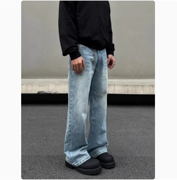 Men's blue retro straight jeans with whisker washing and a medium-high waist
