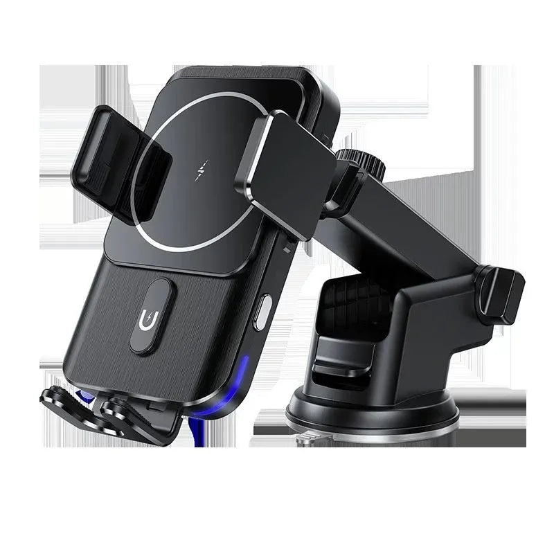 Black car wireless charger phone holder with 15W charging and suction cup mount