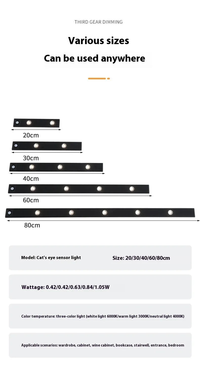 Black smart cat's eye infrared sensor light strip, rechargeable, three light colours, for wine cabinet, hallway, corrugated cabinet