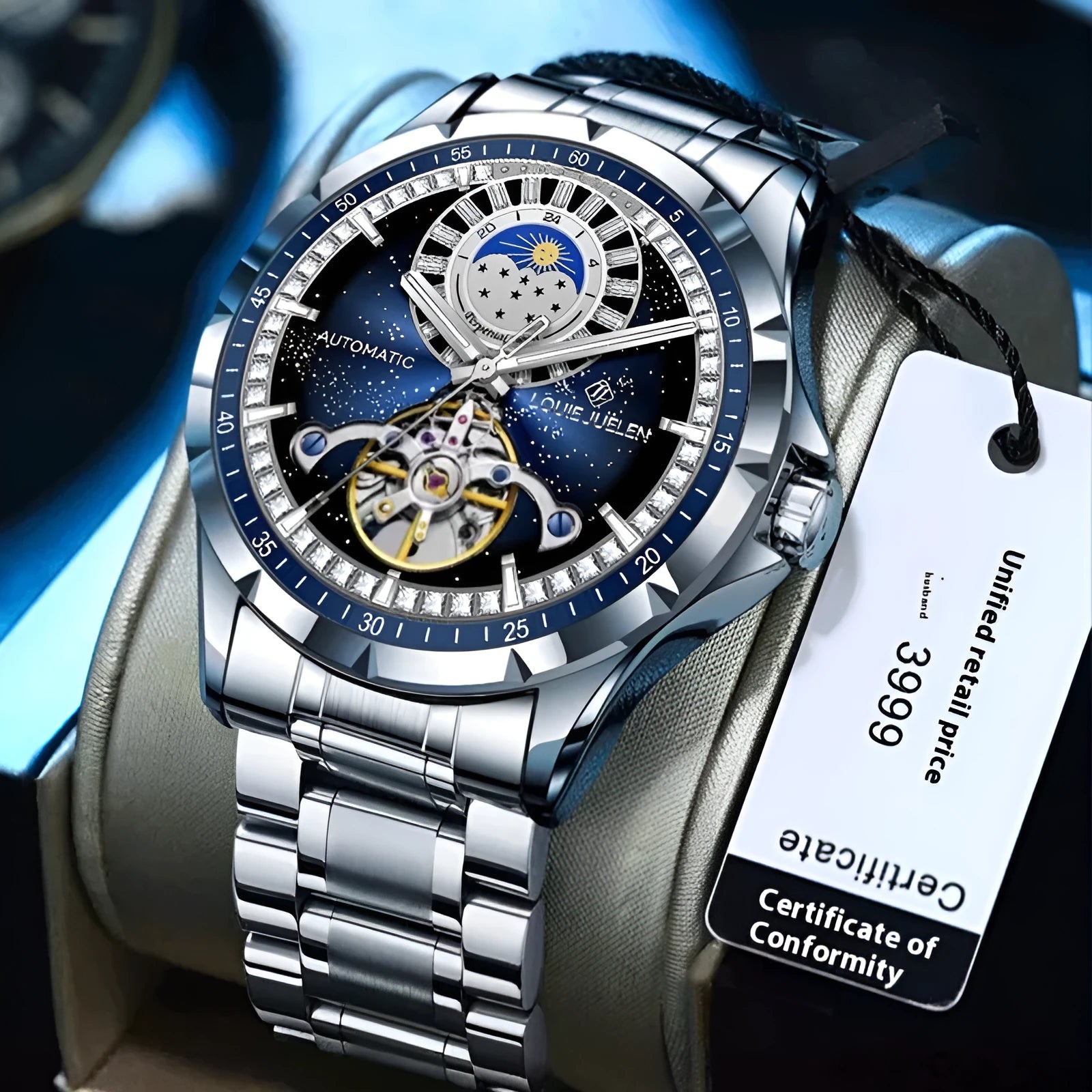 Silver alloy case automatic mechanical watch with blue dial, stainless steel strap, and transparent case back for men