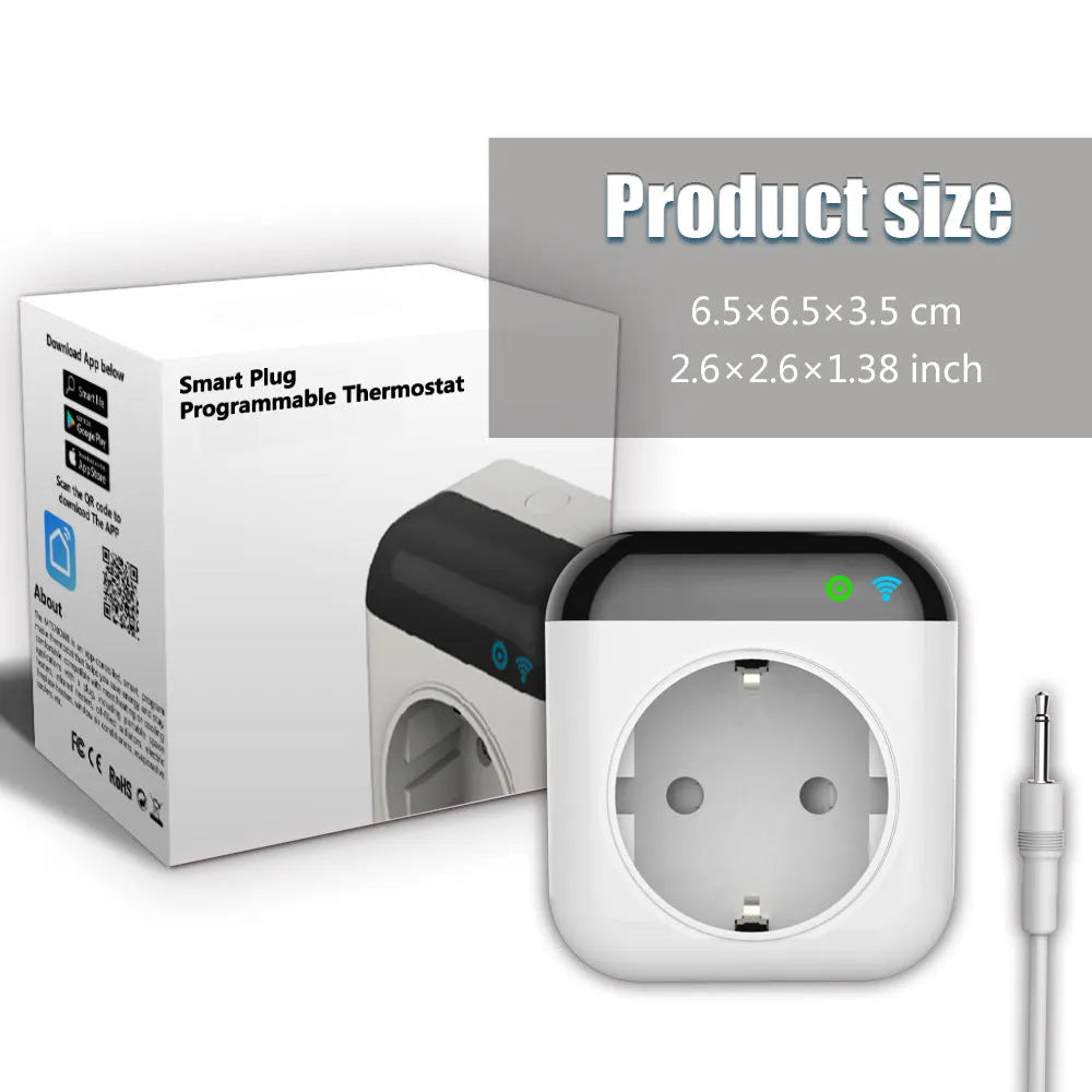 White Tuya WiFi smart socket with temperature sensor probe and US plug configuration