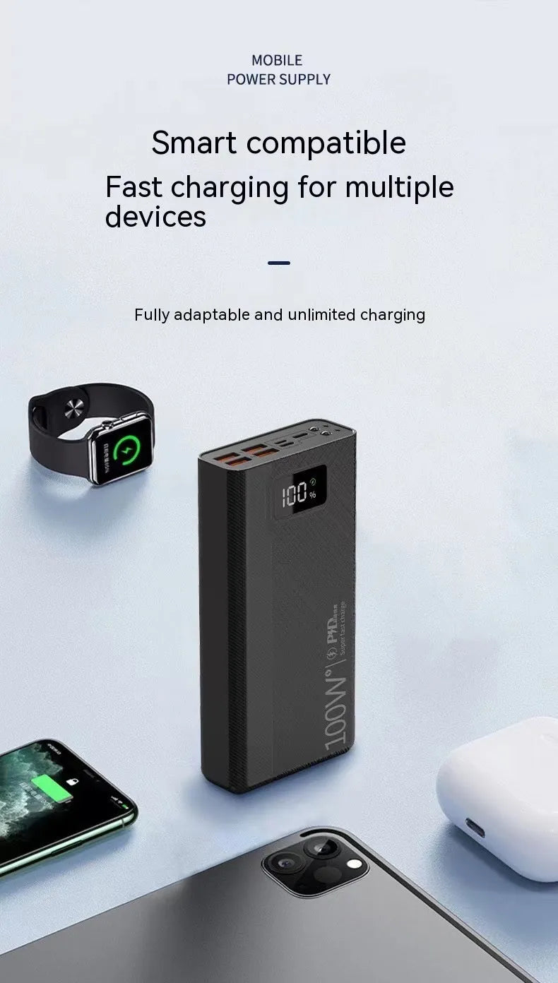 Large capacity power bank in black or white plastic casing with compact dimensions