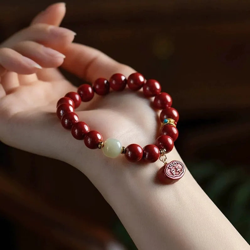 Natural cinnabar emperor sandstone Ping An Fu Lu bracelet for birth year protection in 8mm or 10mm bead size