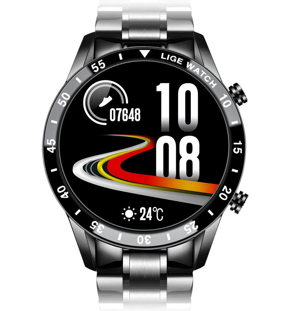 Smart watch with stainless steel band and 1.3-inch touch screen display showing step counter interface
