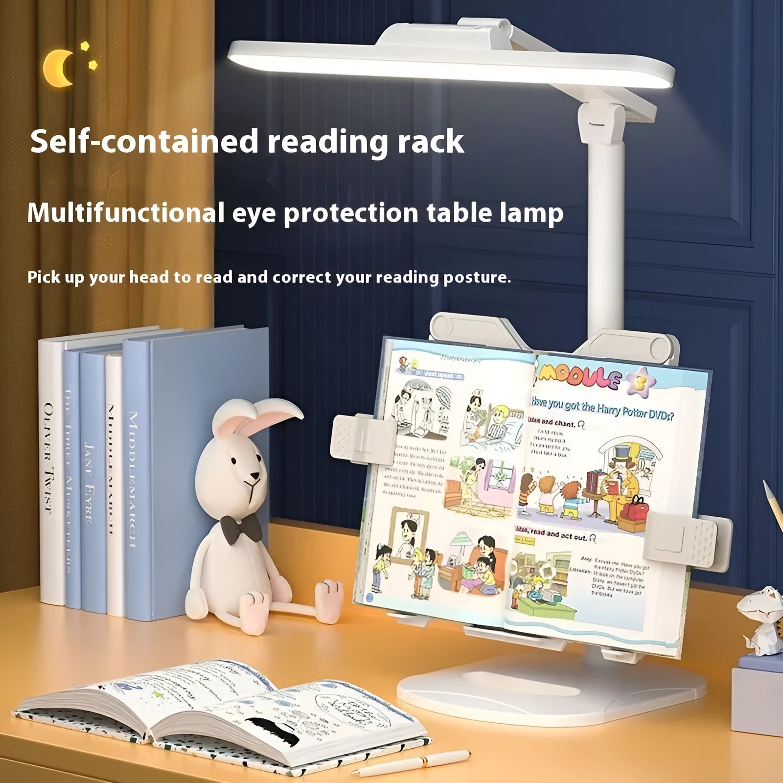 Adjustable LED table lamp with bookshelf design showing three colour temperature settings and charging cable