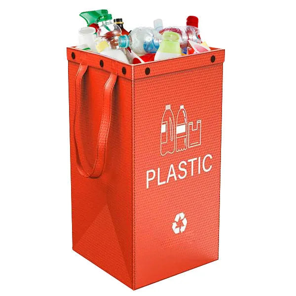 Blue waterproof handbag-style rubbish bin with 40L capacity and clean design