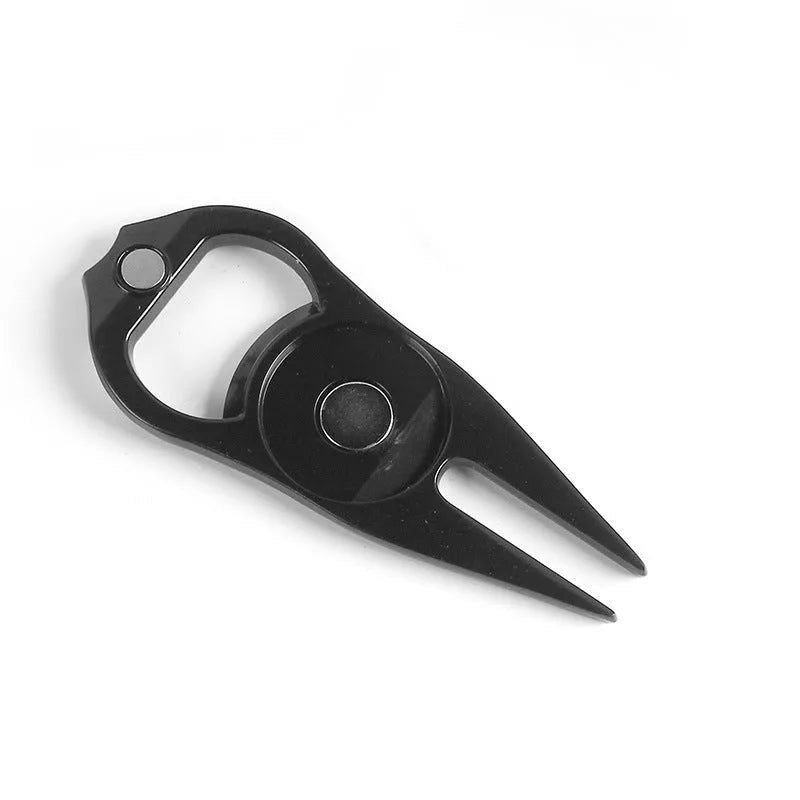 Golf ball fork bottle opener tool in zinc alloy with green turf application