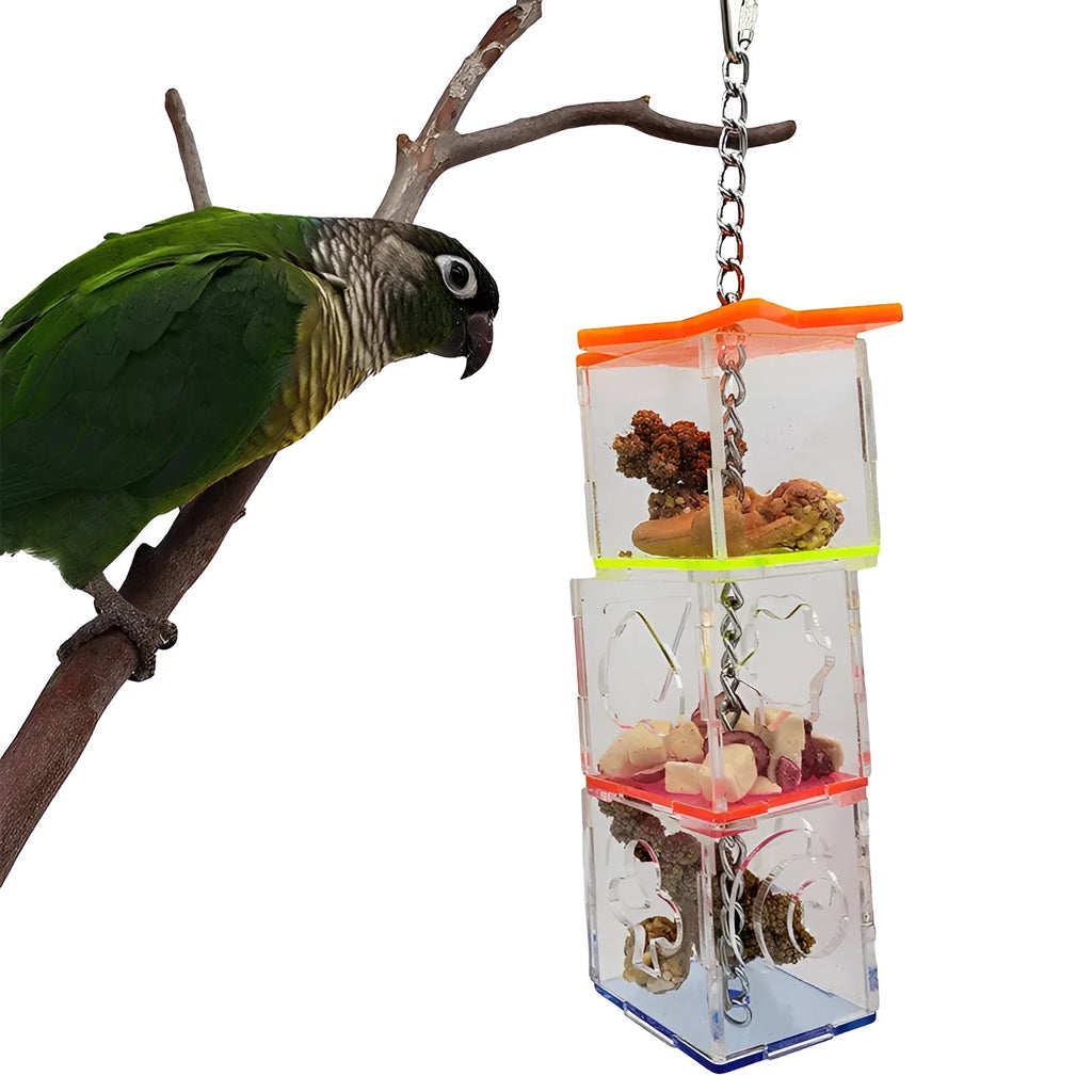 Clear acrylic parrot foraging toy, 32 cm long, for holding bird treats.