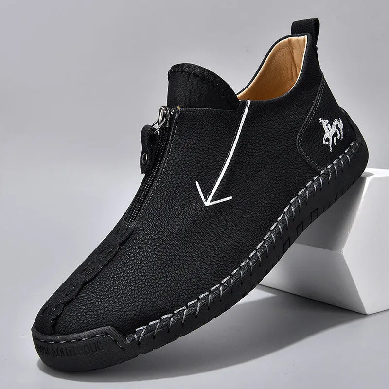 Men's black artificial PU boots with front zipper and rubber sole