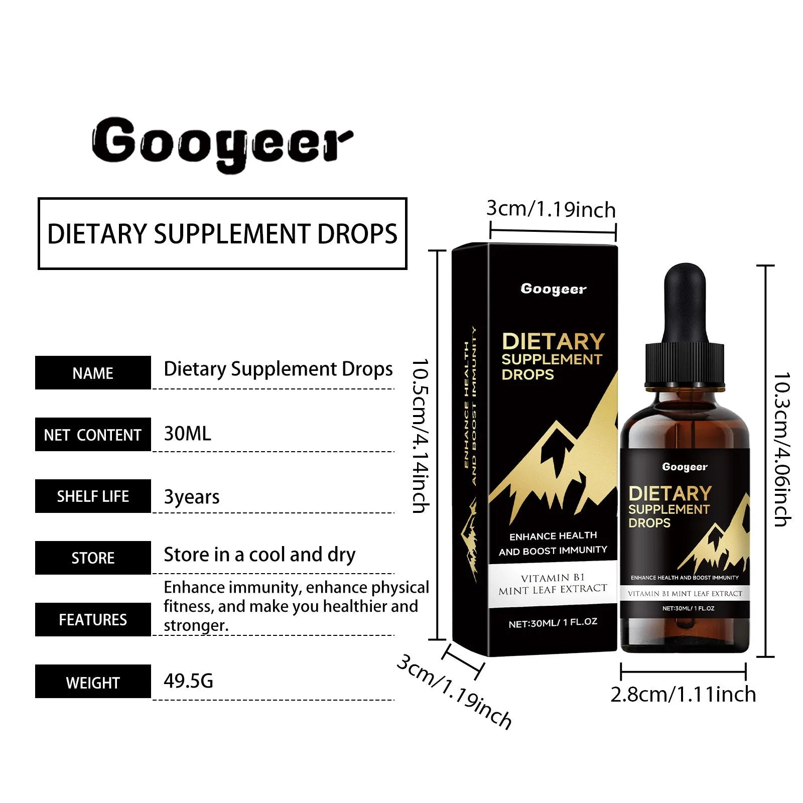 30ml bottle of clear liquid dietary supplement drops with a gluten-free, no-added-sugar label