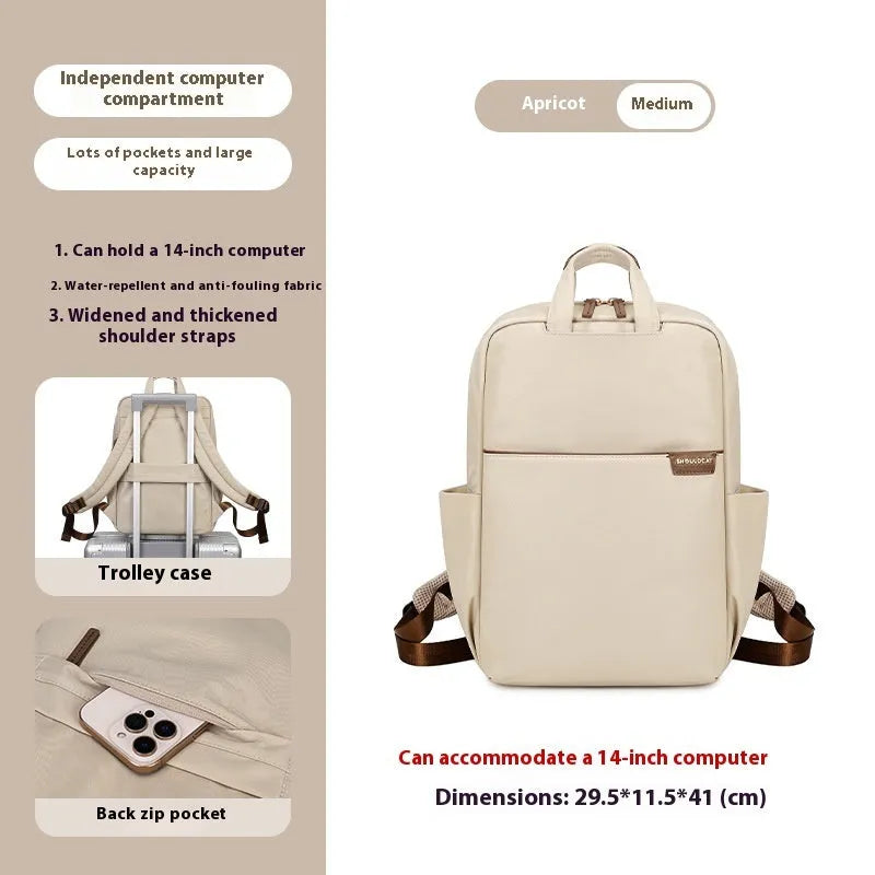 Large canvas travel backpack in apricot colour showing external pocket and urban style.