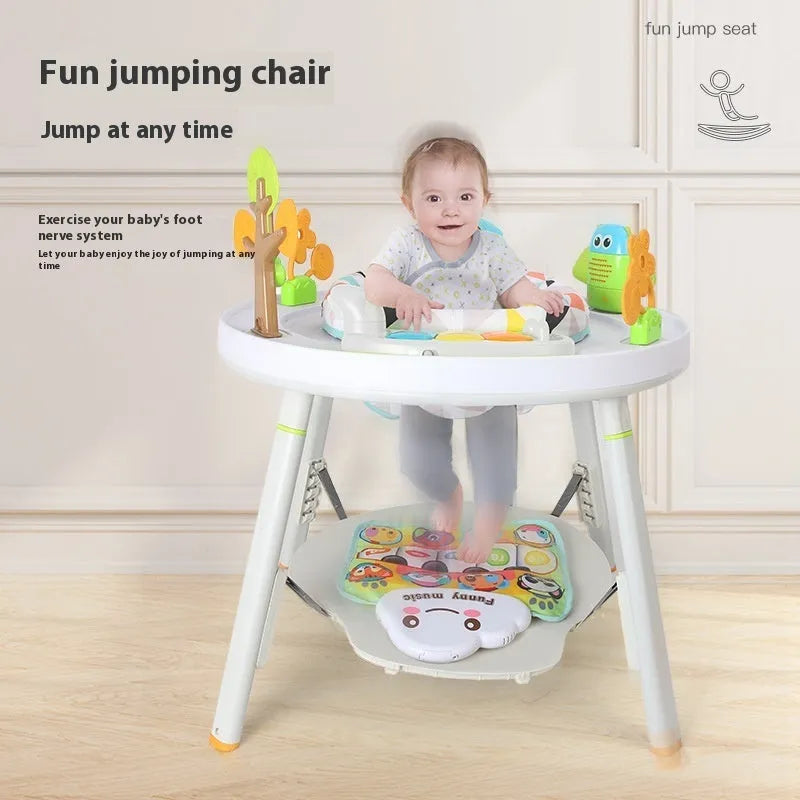 Plastic baby jumping chair with overhead gymnastics rack and toy attachments in Yaya duck design