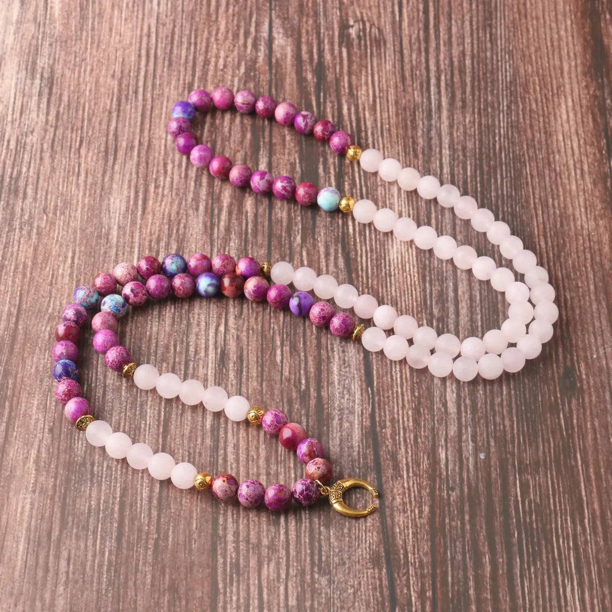 Pink crystal emperor stone beads pendant necklace with round elements on chain