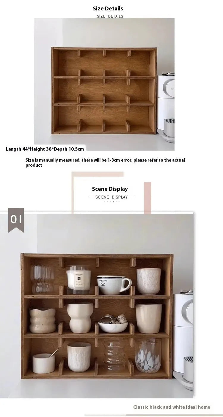 Solid birch wood multi-grid cup storage rack in meridian colour on a kitchen counter.