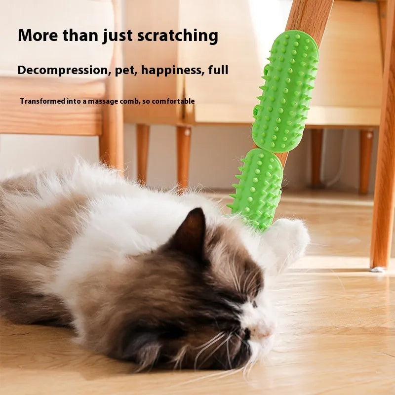 Silicone pet grooming comb with adjustable strap mounted on table leg for cats and dogs