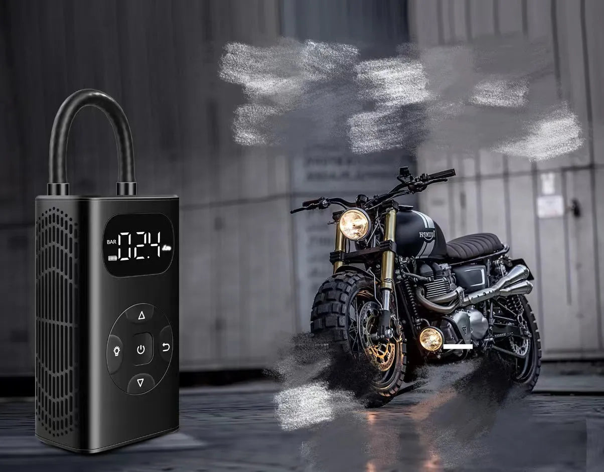 Black cuboid electric air compressor power bank with USB port and 16cm tube for car and motorcycle tyres